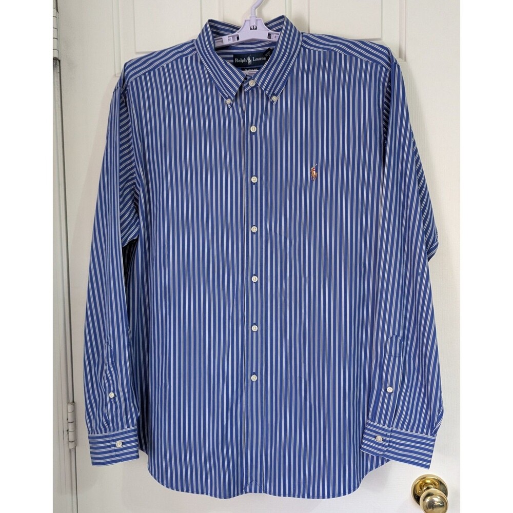 Ralph Lauren L/S Button Shirt Mens XXL Blue Striped Classic Logo Luxury Preppy
